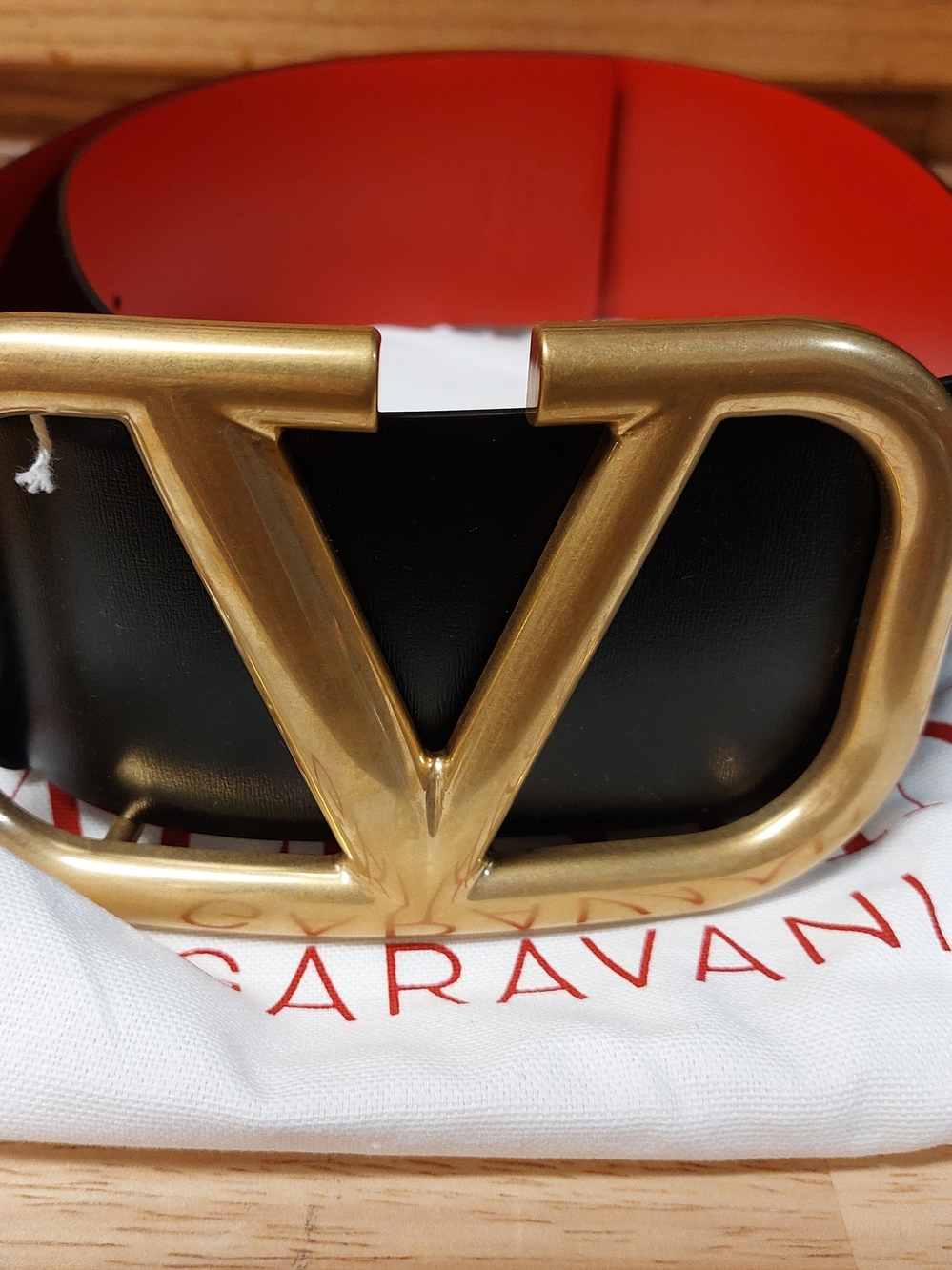 Valentino Garavani Black and Red Leather Belt with Gold V Buckle NEW IN BOX!